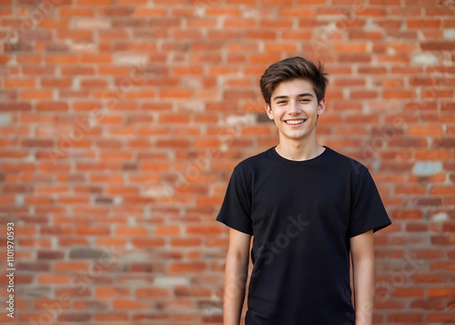 Young person standing in front of a white brick wall in plain white solid tshirt, for mockup graphic design resource  