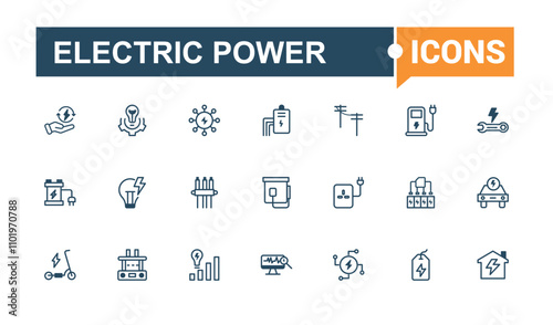 Electrical Power line icon collections. Contains related to wind, bulb, auto, car, vehicle, ecology, lightning and more. Thin outline icons pack. Vector outline and solid icons collection.