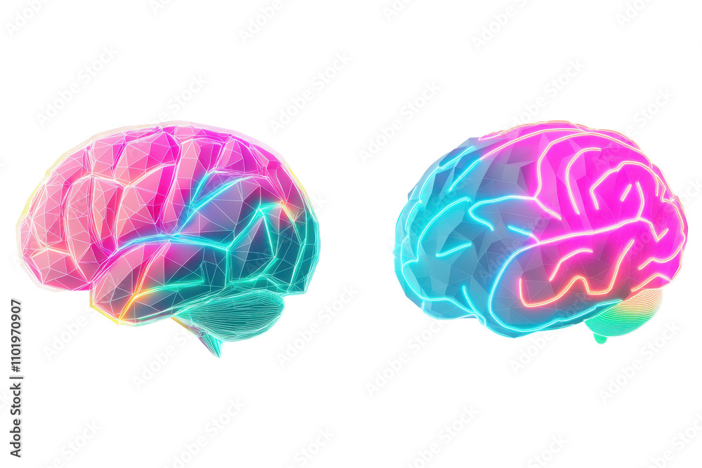 Vibrant digital illustration of two colorful brains representing creativity and intellect. transparent background. Vibrant digital illustration of two colorful brains representing creativity and intellect. transparent background.