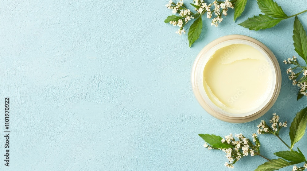 health cannabis healing concept, A soothing cream in a wooden jar surrounded by green leaves and white flowers on a light blue background. health cannabis healing concept, A soothing cream in a wooden jar surrounded by green leaves and white flowers on a light blue background.