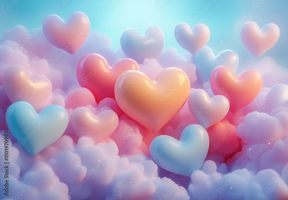 Soft and Dreamy Heart Shapes Floating Among Colorful Clouds in a Serene Atmosphere, Evoking Feelings of Love, Romance, and Joyful Connection in a Playful Scene Soft and Dreamy Heart Shapes Floating Among Colorful Clouds in a Serene Atmosphere, Evoking Feelings of Love, Romance, and Joyful Connection in a Playful Scene