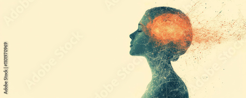 Female head with glowing neural connections of the brain on a neutral background with space for text. Female mental health concept. Psychology and psychiatry. Depression. Stress. Mind. Psychotherapy.