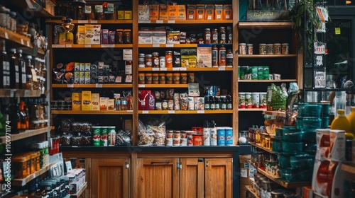 Well-stocked shelves in a cozy specialty grocery store