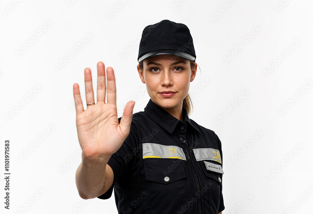 A police officer signals stop with raised hand.