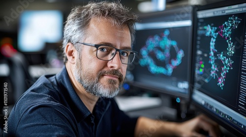 Bearded male professional intently examining data and information on multiple computer screens in his office workspace engaged in research analysis and discovery