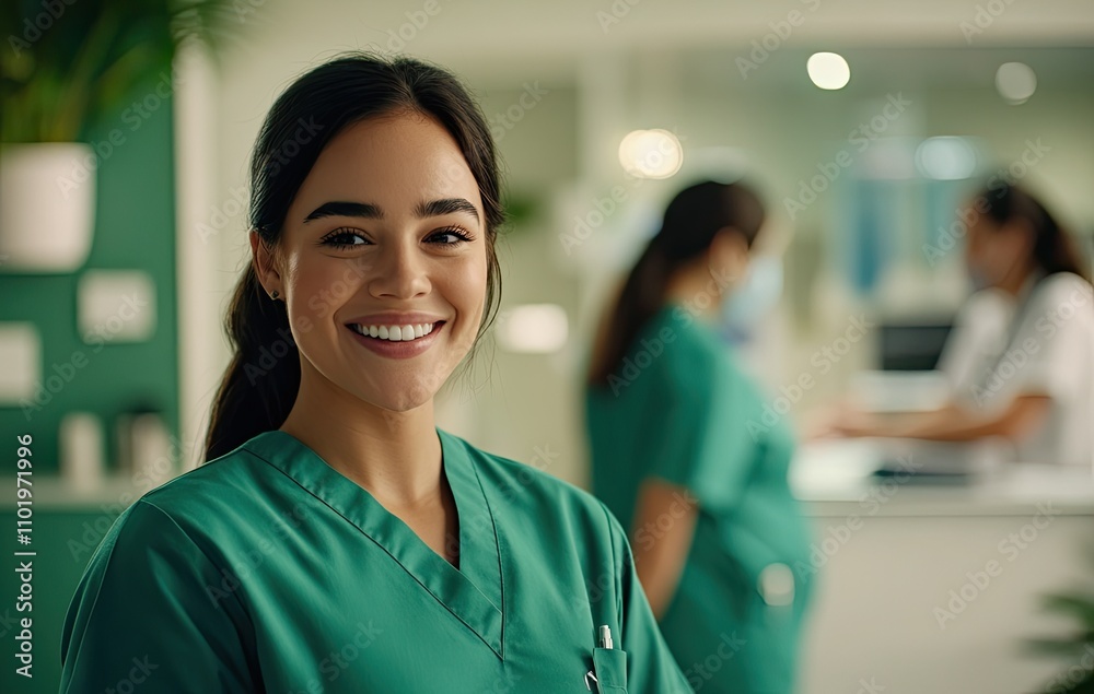 A portrait of an attractive female nurse smiling at the camera, standing in front and to her right side with other nurses working behind her.