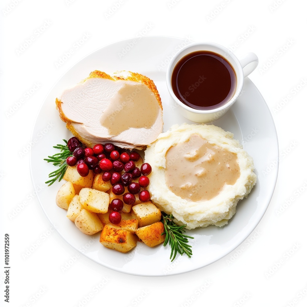 Delicious plate of turkey with gravy, mashed potato, cranberry, and roasted potatoes, paired with a warm cup of coffee. Delicious plate of turkey with gravy, mashed potato, cranberry, and roasted potatoes, paired with a warm cup of coffee.