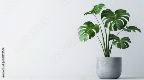 clean image of a large leaf house plant Monstera deliciosa in a gray pot on a white background