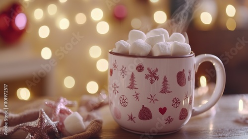Steaming mug of hot cocoa topped with marshmallows, Christmas lights background.