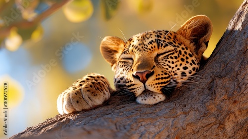 Amidst the dappled sunlight, a leopard sleeps peacefully on a sturdy tree branch, its exquisite spotted coat blending with the warm golden hues of a fleeting sunset. photo