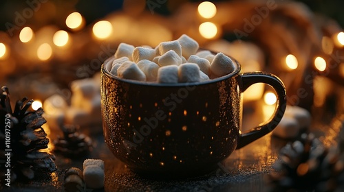 Cozy mug of hot cocoa topped with marshmallows, illuminated by warm lights.