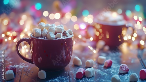 Festive Hot Chocolate with Marshmallows and Sparkling Lights