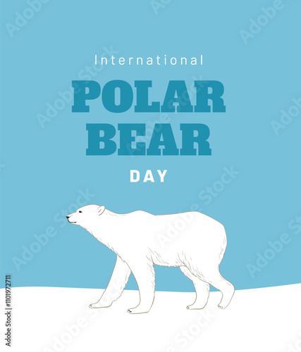 Minimalist flat style poster or banner design with walking polar bear illustration. International Polar Day greeting card. Vector template in blue and white colors