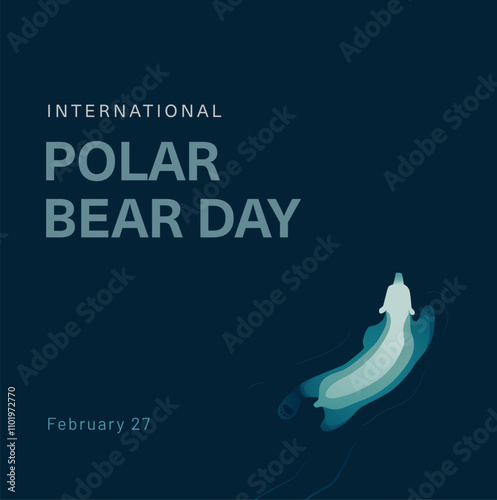 Minimalistic vector illustration of a polar bear swimming in dark water. Polar Bear Day square banner or card design template. Arctic wildlife survival awareness