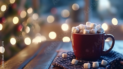 Cozy Christmas Eve: Mug of Hot Chocolate Topped with Marshmallows