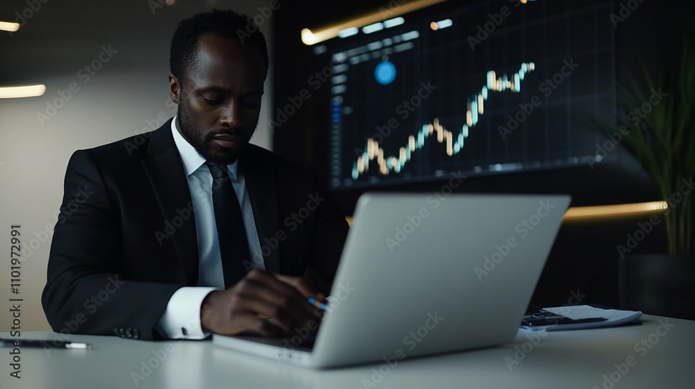 A professional sits confidently at a sleek office desk, analyzing a digital chart displayed on a laptop screen. A professional sits confidently at a sleek office desk, analyzing a digital chart displayed on a laptop screen.