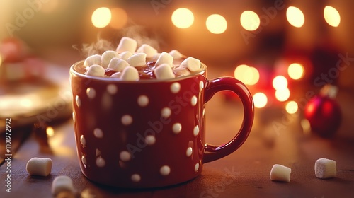 Steaming Hot Chocolate with Marshmallows in a Festive Red Mug