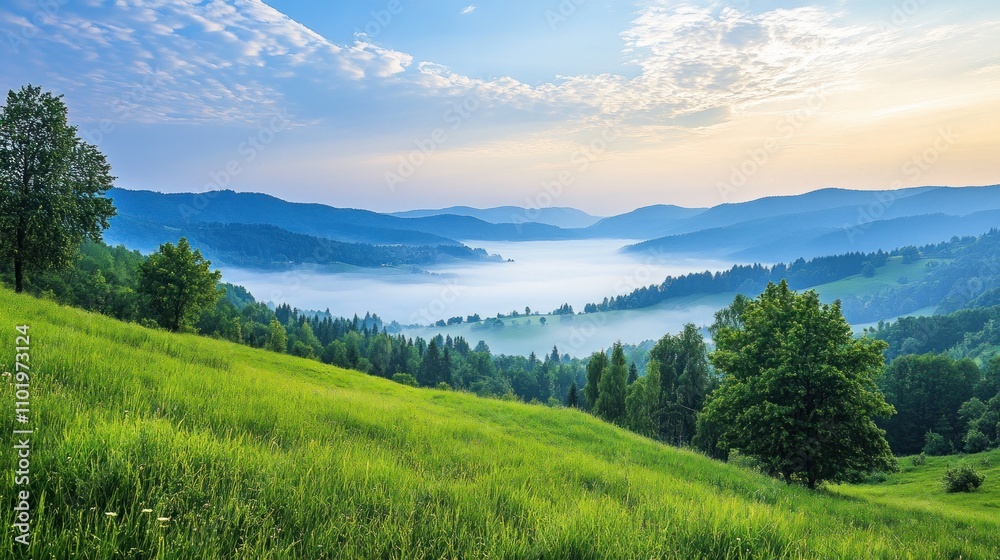 Obraz premium A serene landscape featuring rolling hills, lush greenery, and a misty valley at sunrise.