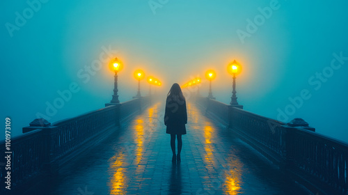 Woman walking alone on foggy bridge at night under glowing streetlights