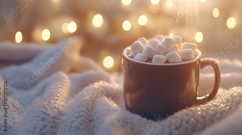 Cozy Hot Cocoa with Marshmallows, Illuminated by Warm Lights