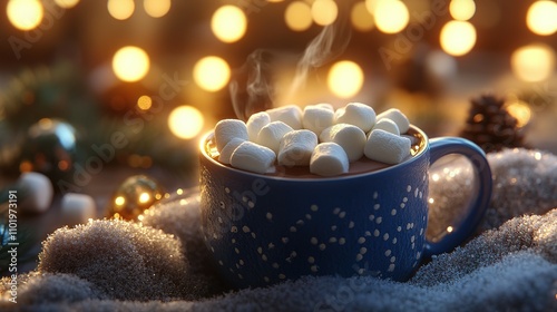 Steaming mug of hot chocolate topped with marshmallows, nestled in a snowy setting with warm bokeh lights.