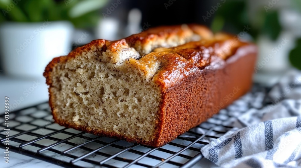 A delicious loaf of freshly baked banana bread cooling on a rack, showcasing its golden brown crust and soft, moist texture within a modern kitchen setting. A delicious loaf of freshly baked banana bread cooling on a rack, showcasing its golden brown crust and soft, moist texture within a modern kitchen setting.