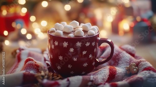 Festive Hot Chocolate with Marshmallows in a Red Mug on Cozy Blanket