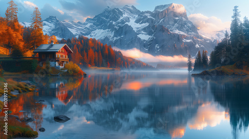 Autumn Lake View with Cabin