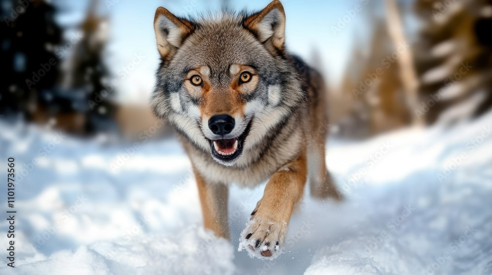 A powerful gray wolf charges through deep snow with confidence, its keen eyes fixed forward, embodying the fierce and untamed spirit of the wilderness. A powerful gray wolf charges through deep snow with confidence, its keen eyes fixed forward, embodying the fierce and untamed spirit of the wilderness.