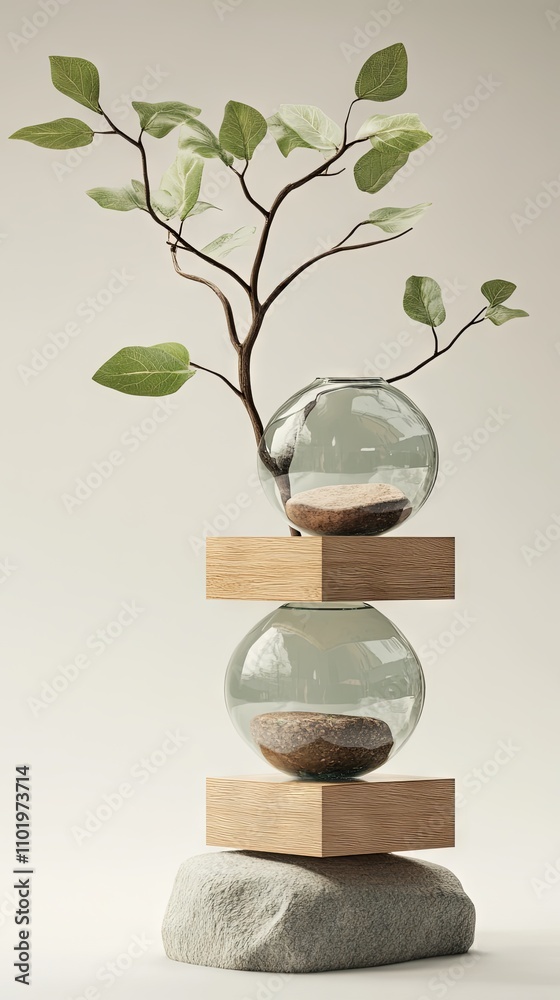 Minimalist Still Life with Glass Vase, Branch, and Stone Minimalist Still Life with Glass Vase, Branch, and Stone
