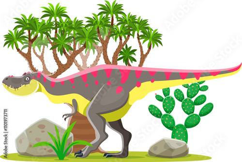 Tarbosaurus cartoon prehistoric dinosaur character in forest landscape, natural habitat with tropical tree, rocks and cactus. Isolated vector ancient carnivore reptile animal of Late cretaceous era