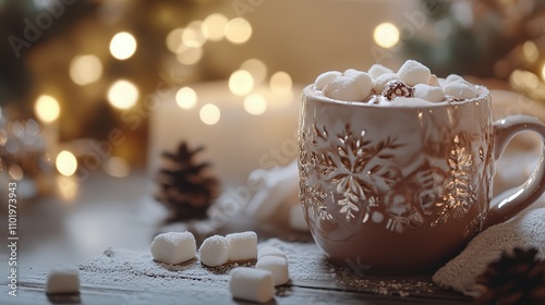 Festive Hot Cocoa with Marshmallows in Ornate Mug, Cozy Winter Scene