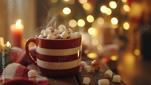 Steaming mug of hot chocolate topped with marshmallows, a cozy Christmas scene.