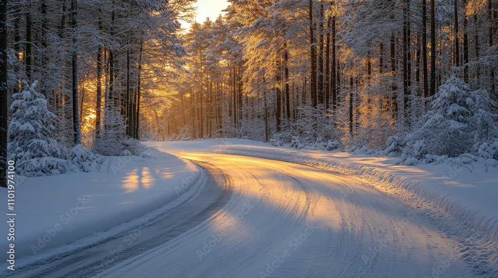 A winding snowy road through a forest at sunset, creating a serene winter landscape.