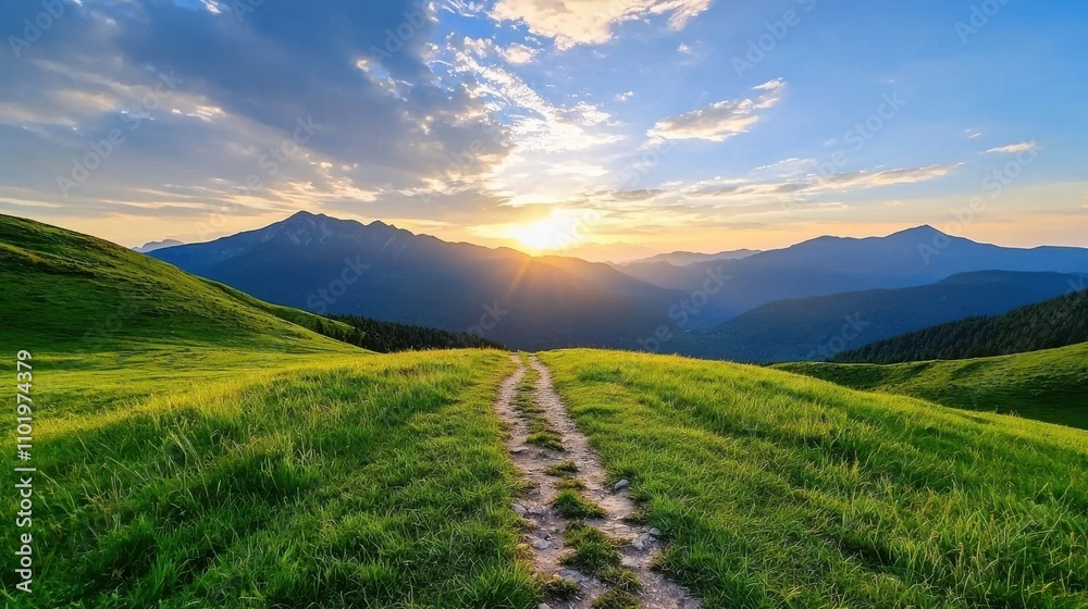 Picturesque mountain landscape with lush green meadow and scenic hiking trail at beautiful sunrise or sunset Majestic peaks dramatic sky and serene Picturesque mountain landscape with lush green meadow and scenic hiking trail at beautiful sunrise or sunset Majestic peaks dramatic sky and serene
