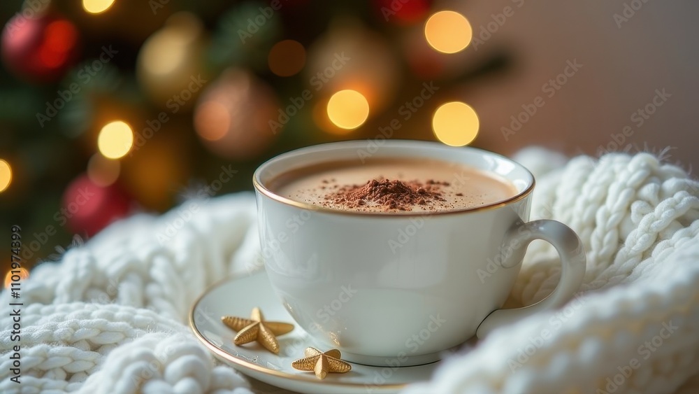 A cup of hot coffee on a knitted white blanket on a background of golden lights, the concept of comfort and relaxation for the New Year and Christmas at home A cup of hot coffee on a knitted white blanket on a background of golden lights, the concept of comfort and relaxation for the New Year and Christmas at home