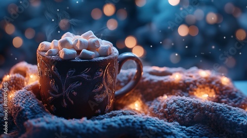 Warm Cozy Hot Cocoa with Marshmallows on a Snowy Winter Night