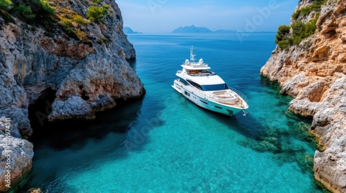 A sleek, exclusive yacht navigates the narrow passage between towering cliffs, the perfect blend of engineering and nature, promising an unforgettable sea adventure.