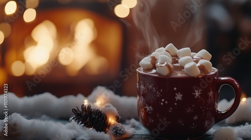 Steaming mug of hot chocolate with marshmallows near a cozy fireplace.