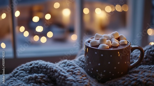 Cozy Hot Chocolate with Marshmallows by a Window with Warm Lights