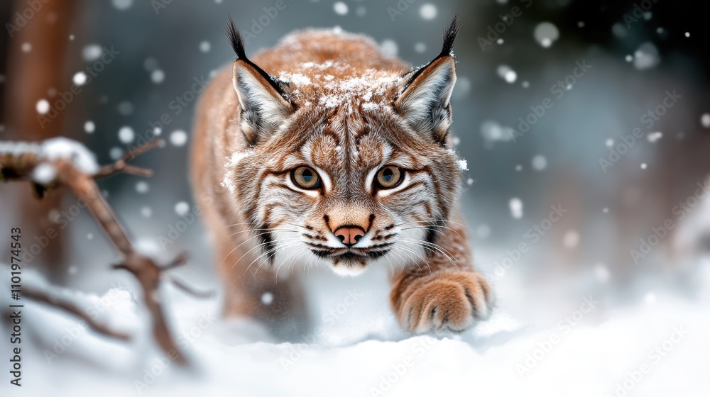 A lynx moves stealthily, its gaze fixed forward, navigating the snow-covered forest floor, epitomizing the art of hunting with fierce determination. A lynx moves stealthily, its gaze fixed forward, navigating the snow-covered forest floor, epitomizing the art of hunting with fierce determination.