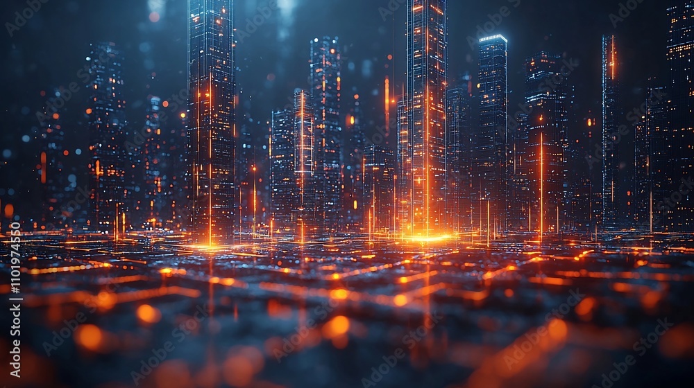 Obraz premium Futuristic Digital Cityscape Symbolizing Progress Bar Loading and Urban Development