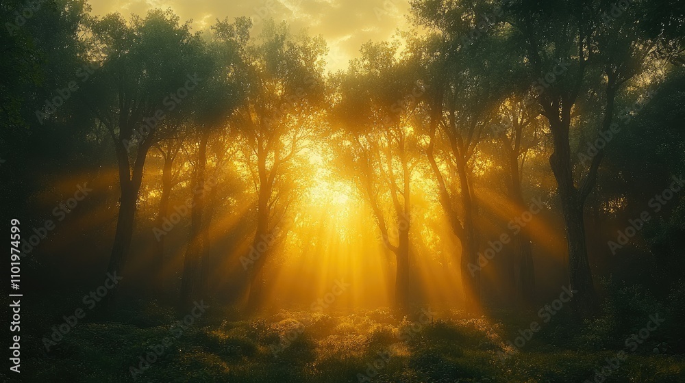 Sunbeams illuminating a misty forest at dawn. Sunbeams illuminating a misty forest at dawn.