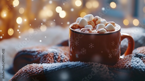 Cozy winter scene featuring a mug of hot cocoa with marshmallows, nestled in a snowy blanket.
