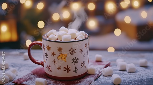 Steaming mug of hot chocolate topped with marshmallows, bokeh lights background.