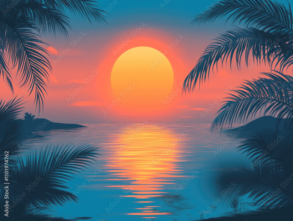 Glowing orange and icy blue tropical sunset, excellent for a dramatic and serene tropical experience Glowing orange and icy blue tropical sunset, excellent for a dramatic and serene tropical experience