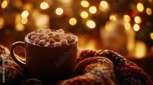 Cozy Hot Chocolate with Marshmallows, Festive Holiday Lights Background