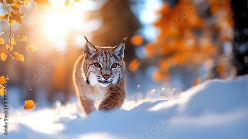 An inquisitive lynx ventures through a snow-covered forest, illuminated by the soft glow of the autumn sun. This capture highlights the lynx's adventurous spirit in nature's realm.