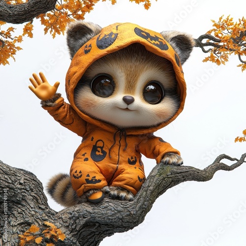 Cute Raccoon in Halloween Costume: A charming and adorable raccoon in a pumpkin-themed Halloween costume, perched on a tree branch with autumn leaves, waving hello with a big smile.   photo