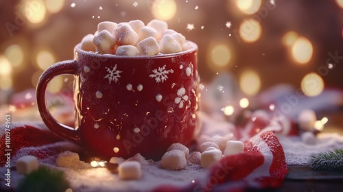 Festive Hot Cocoa with Marshmallows, Snow, and Holiday Lights